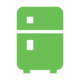 Green refrigerator icon with two compartments and white door handles on a white background.